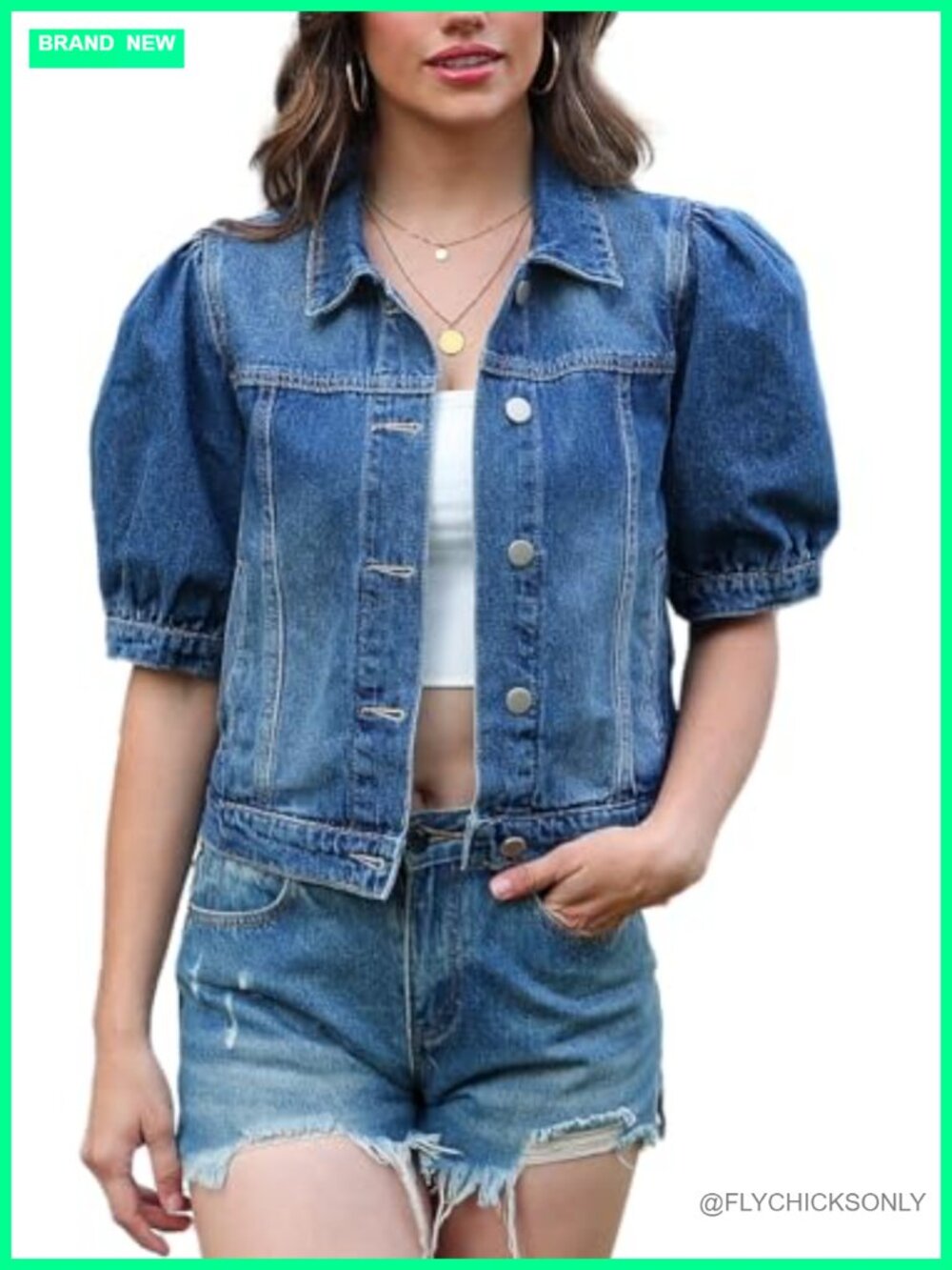 Women's Cropped Denim Jacket Puff Sleeve 100% Cotton Short Sleeve Jean Jacket